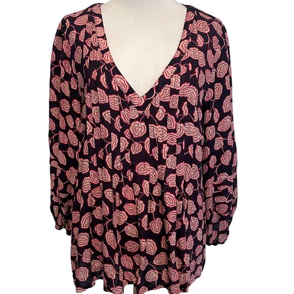 Maeve for Anthropologie Cathy Pleated Top Womens Medium Plum Floral Puff Sleeves - Picture 2 of 10